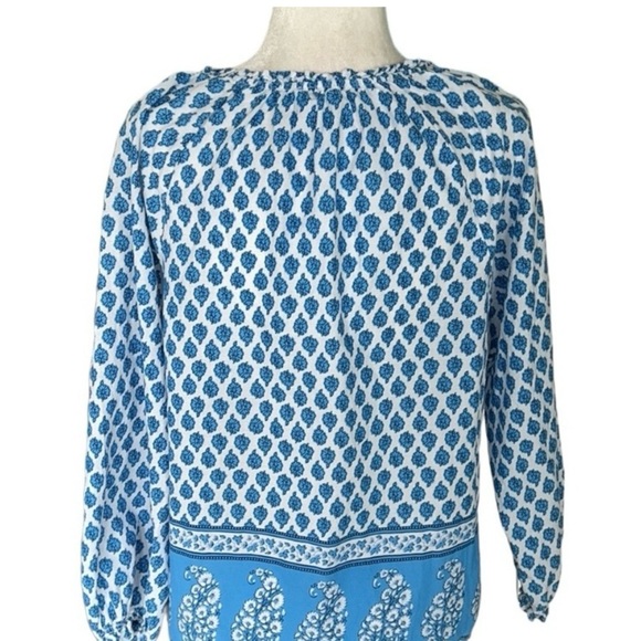 J Crew Blue and White Block Floral Paisley Print Boho Popover Cotton Top - Picture 8 of 12